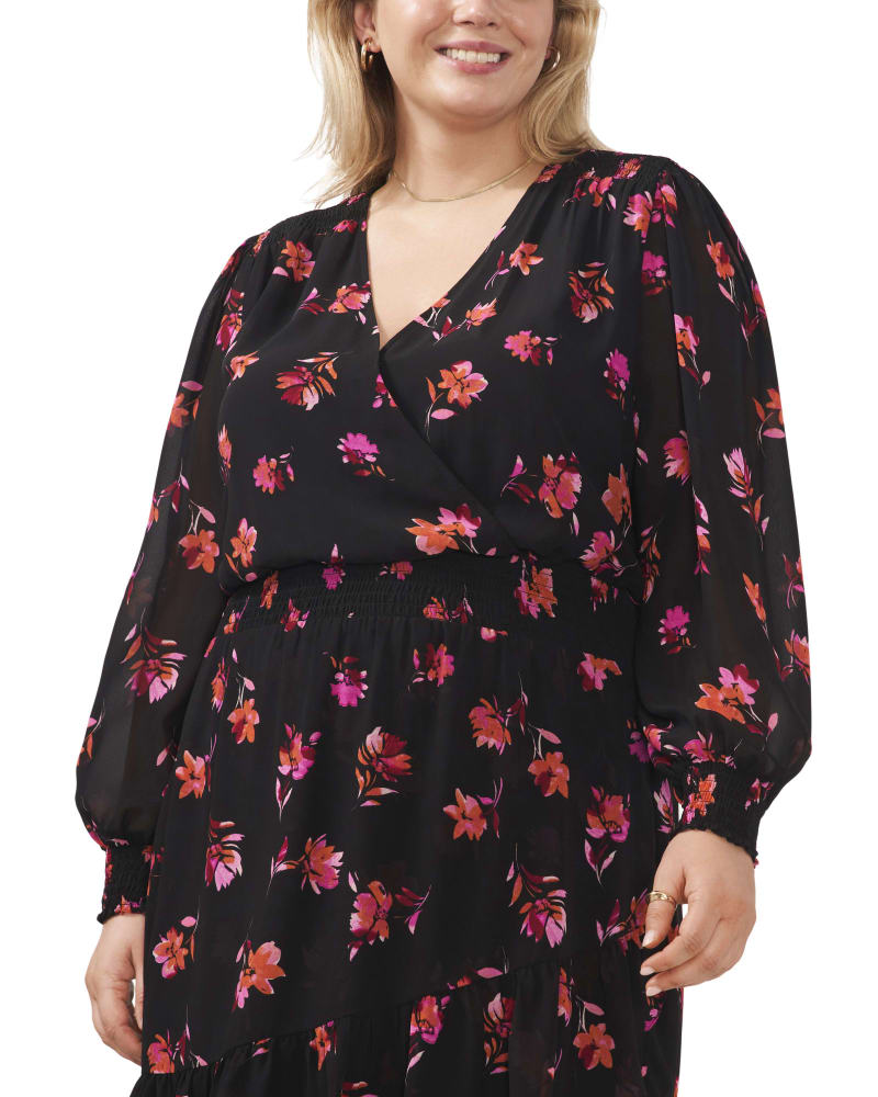 Front of a model wearing a size 1X Phoebe Smocked Waist Dress in Pomegranate Pink by Vince Camuto. | dia_product_style_image_id:261212